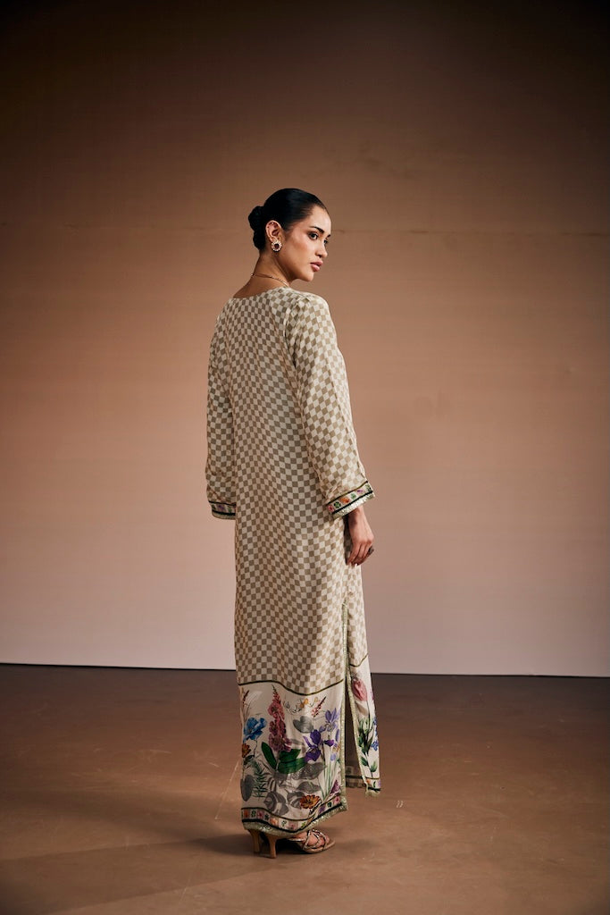 Sand beige & moss green check kaftan