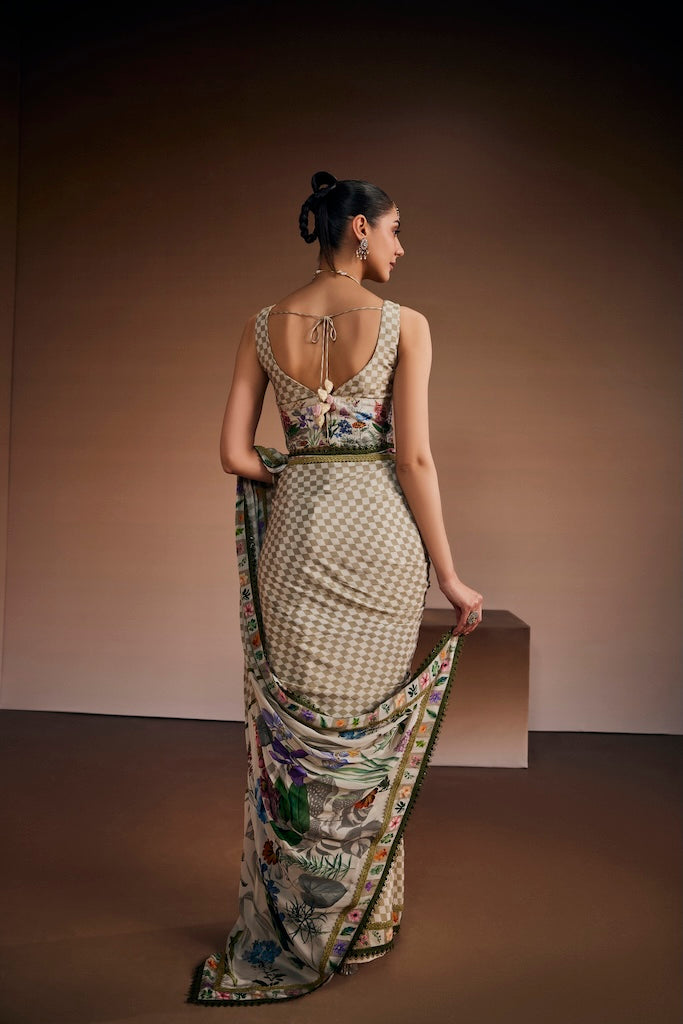 Sand beige & moss green check saree