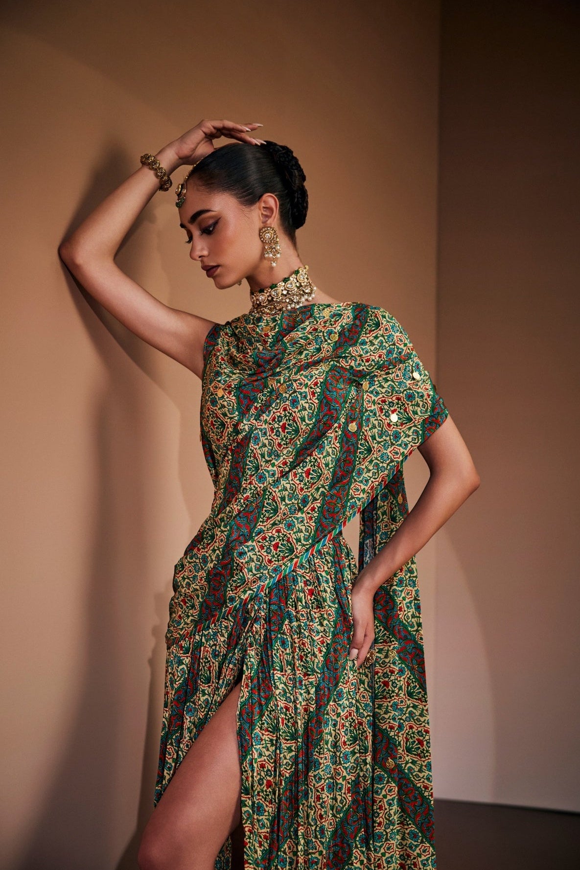 Emerald Mirage Draped printed gown