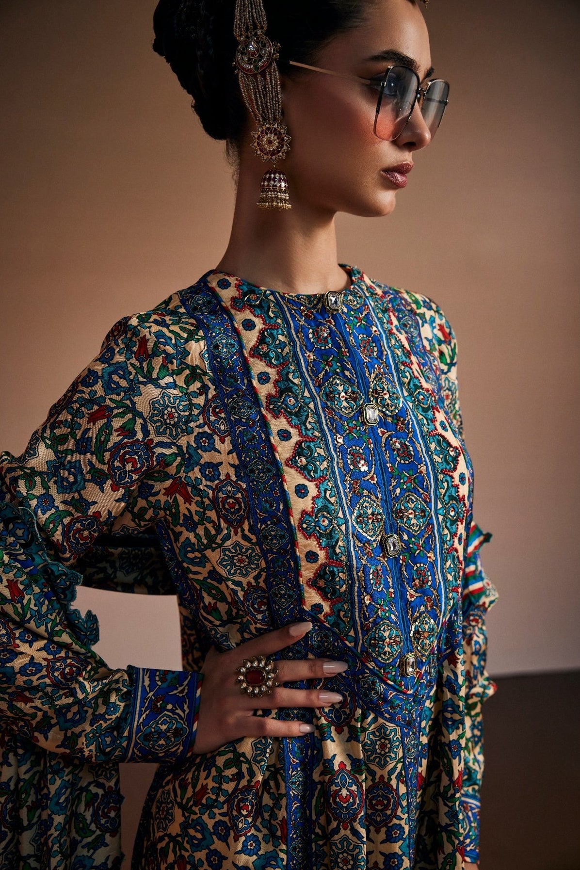 Floral printed anarkali paired with narrow pants and dupatta