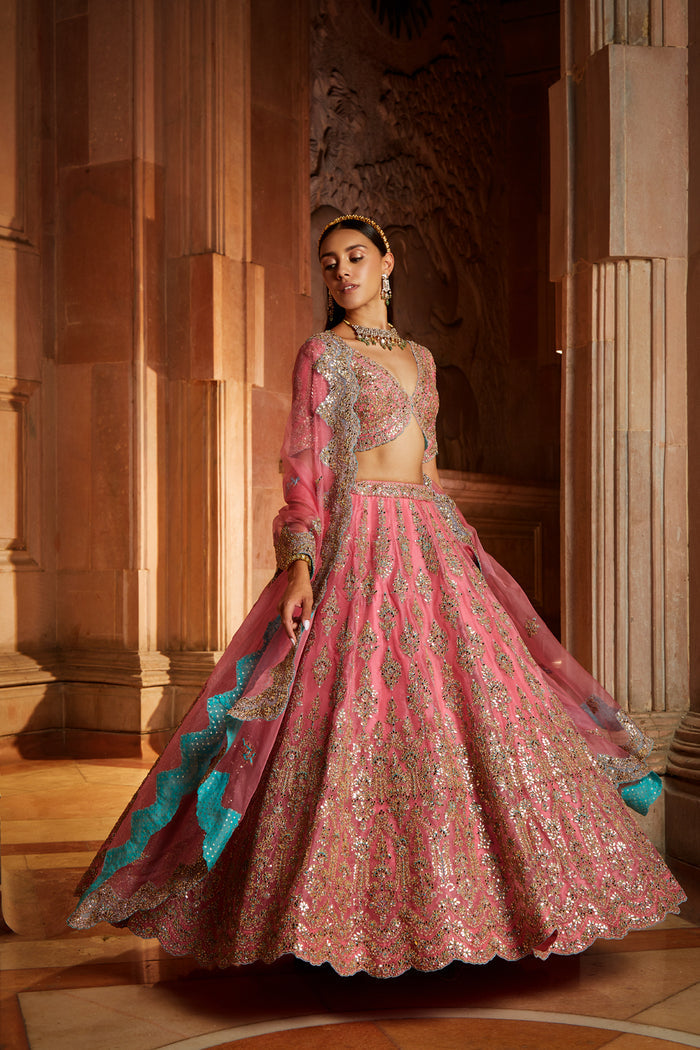 Rose Pink Organza Lehenga Choli Dupatta Set