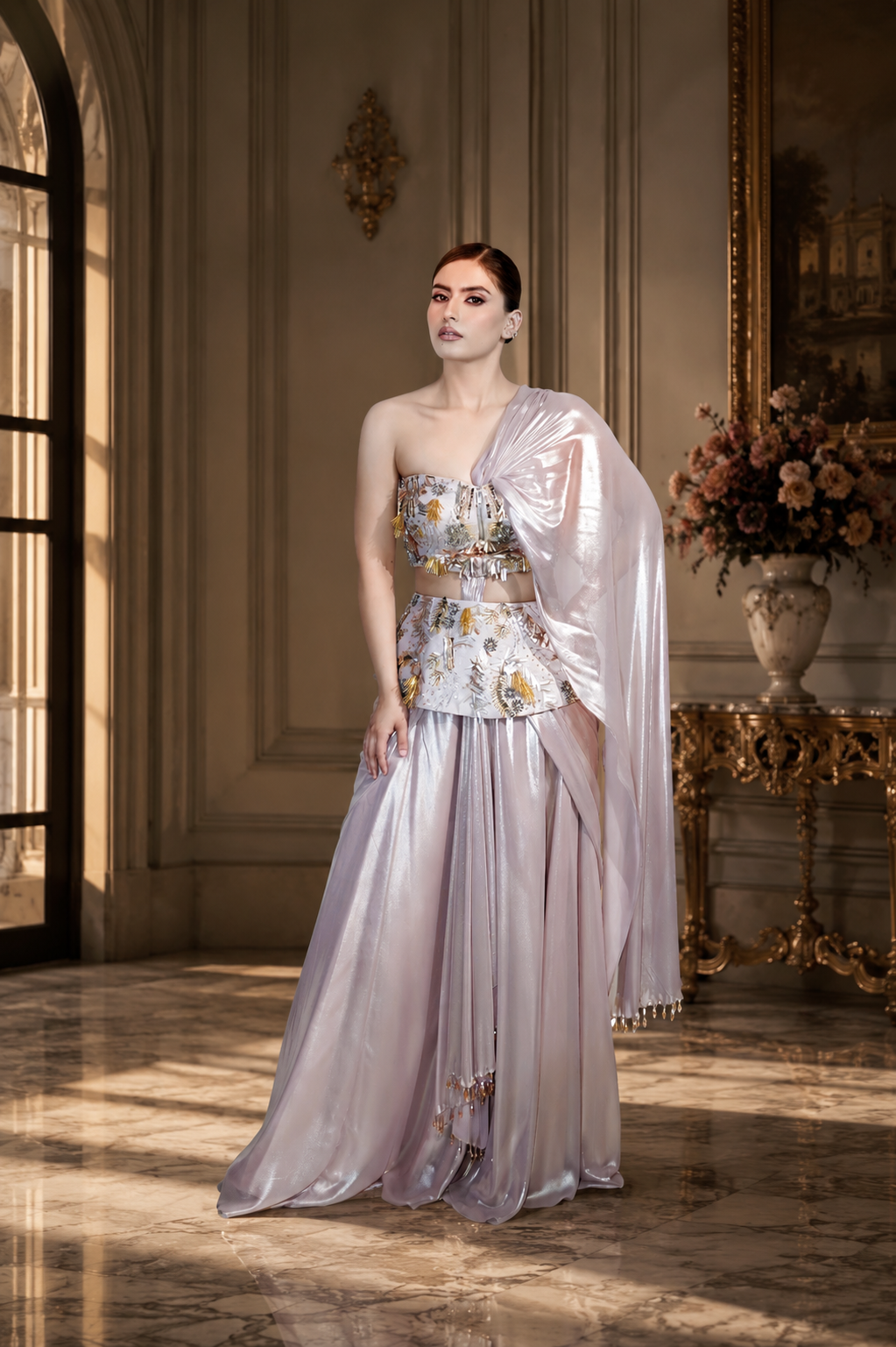 Rose Gold Metallic Shiphon Drape Saree