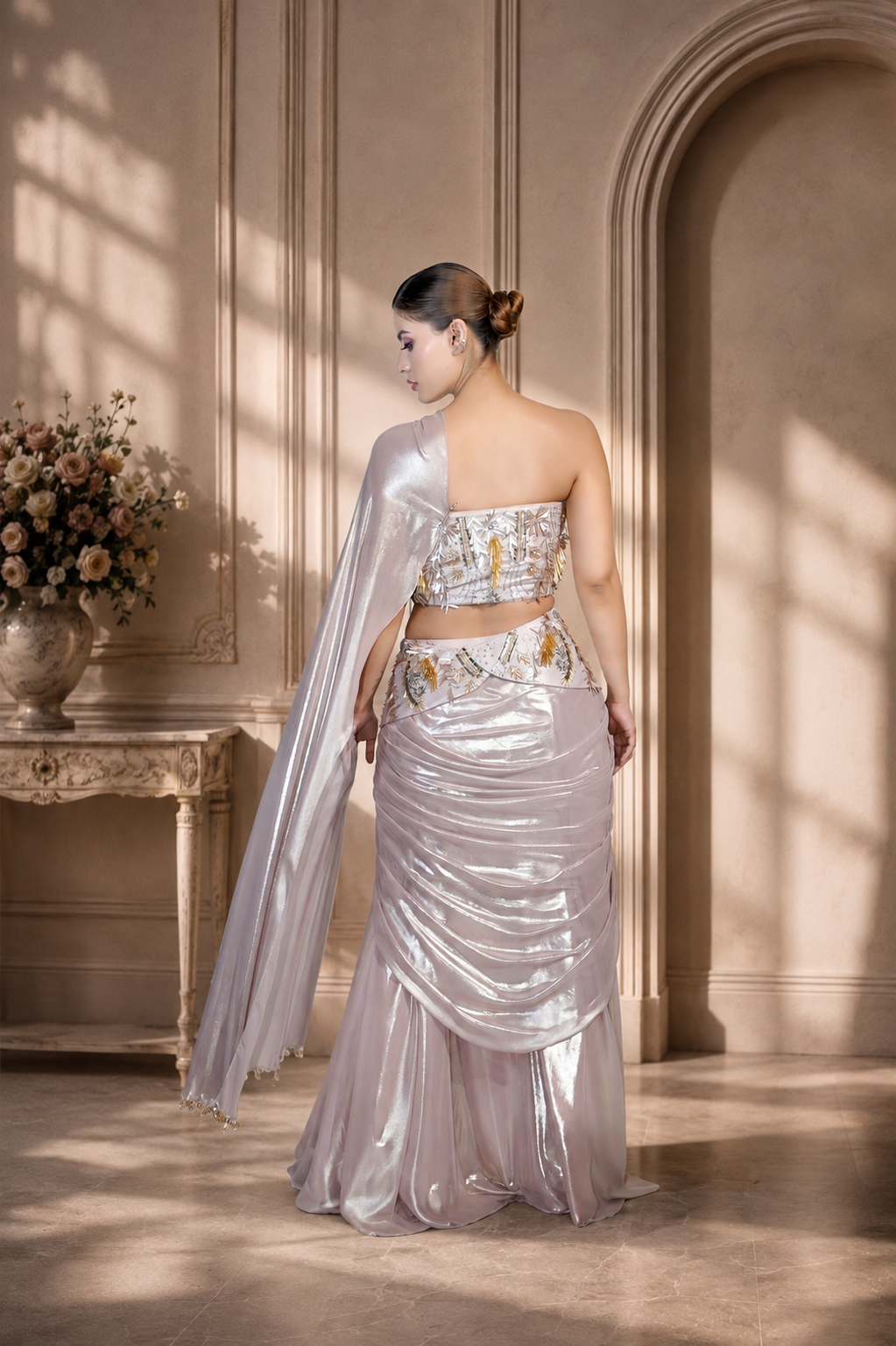 Rose Gold Metallic Shiphon Drape Saree