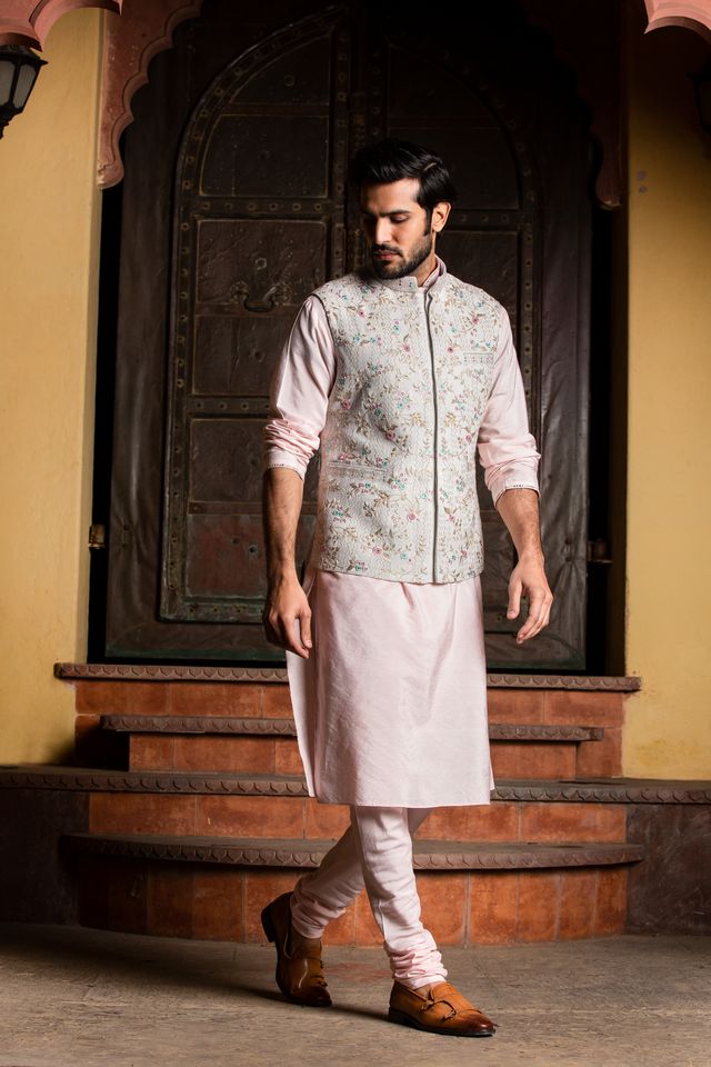 Cream Matka Embroidered Jacket with Blush Pink Kurta & Churidar