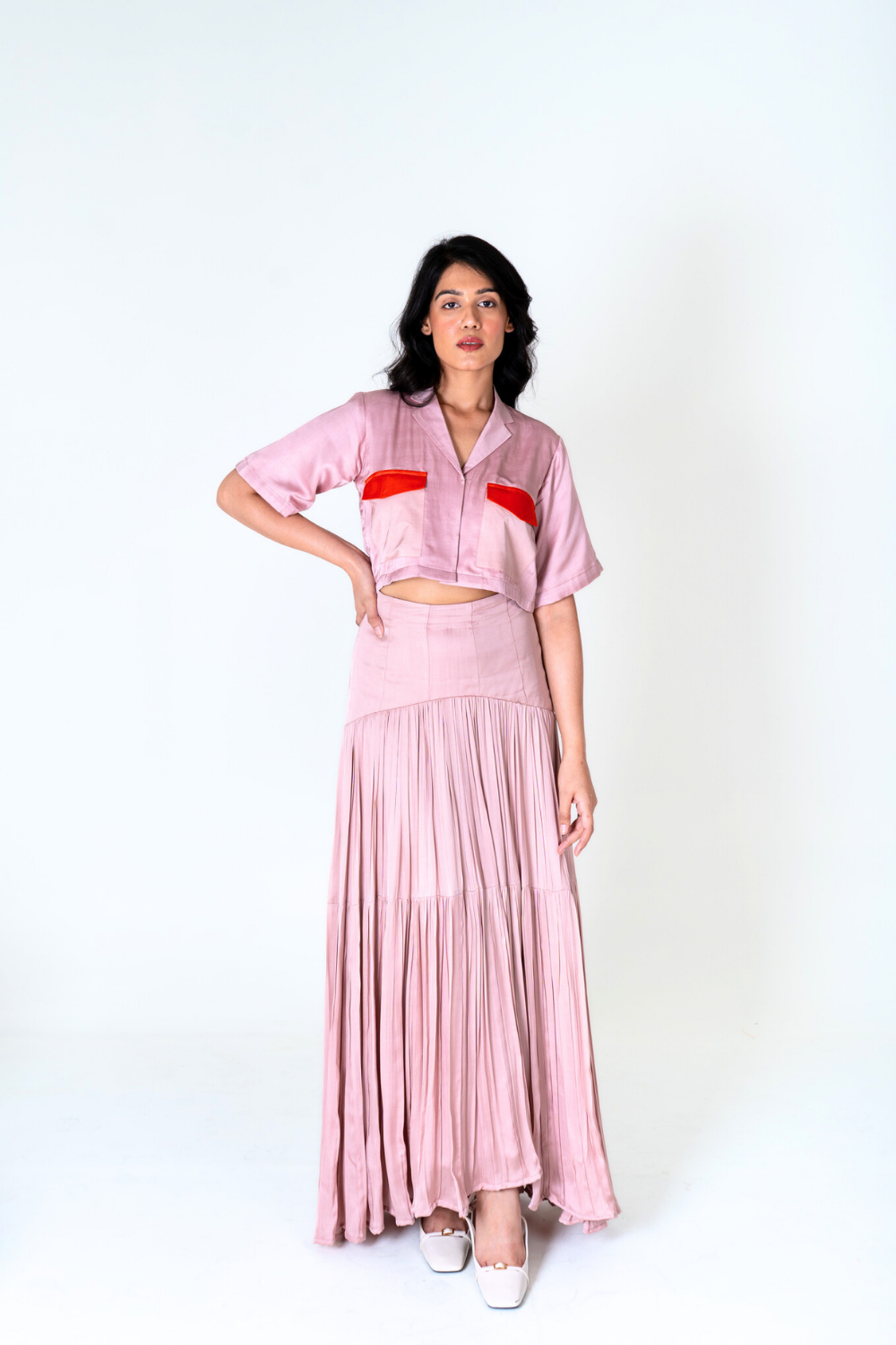 Pink-Orange Color-Blocked Maxi Skirt Set