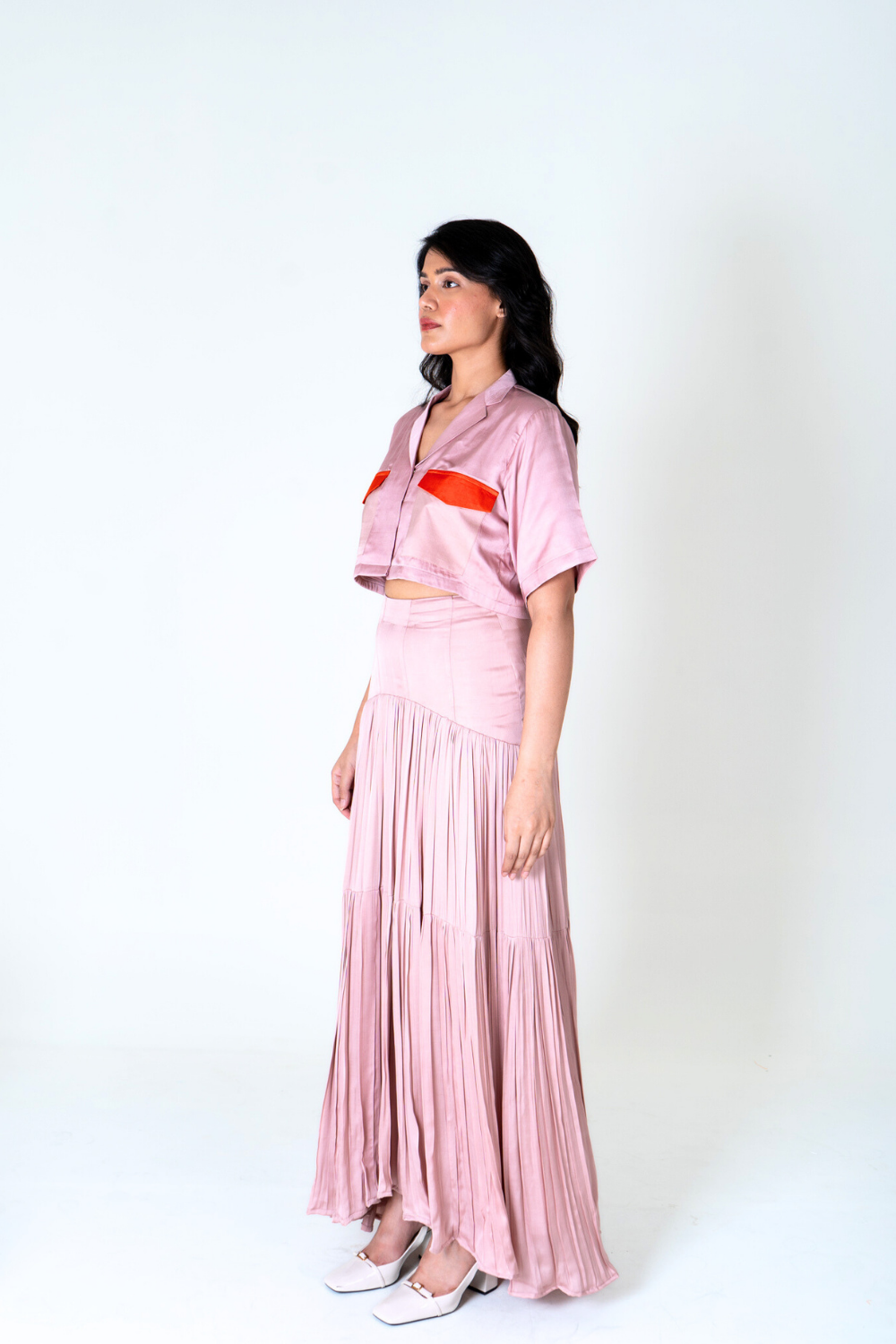 Pink-Orange Color-Blocked Maxi Skirt Set