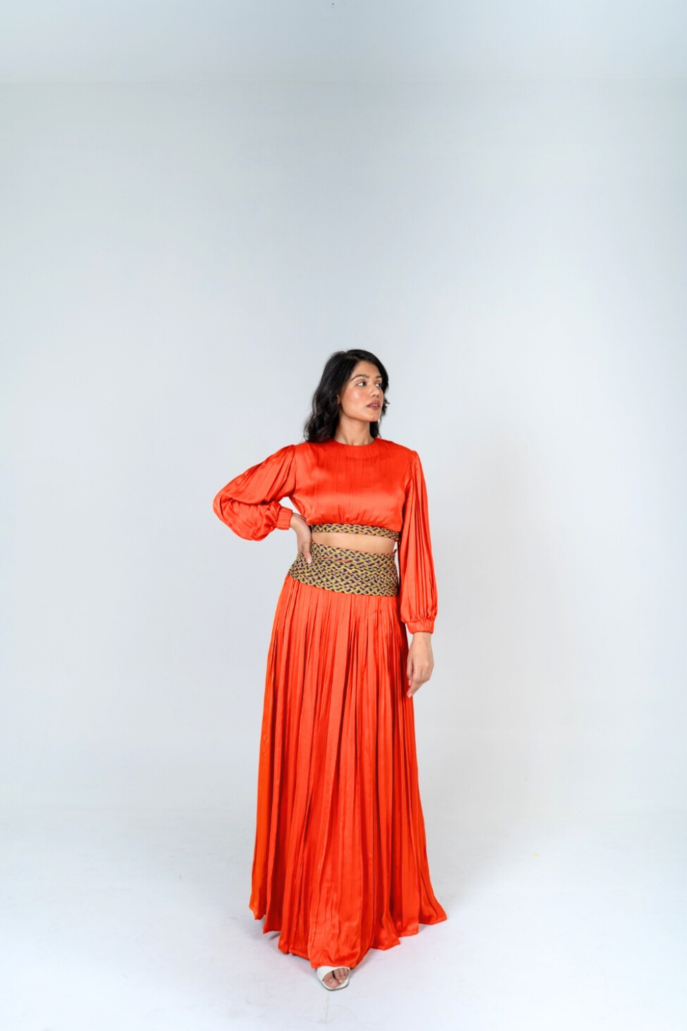 Orange Skirt Set with Color-Blocked Braids
