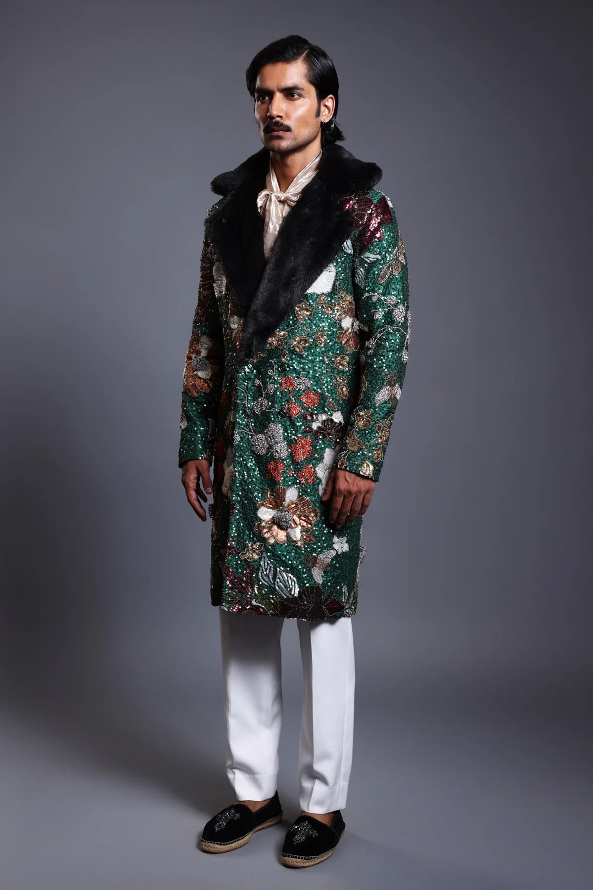 CF embroidered bumblebee overcoat emerald