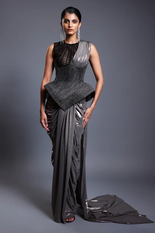 CF corseted saree gunmetal