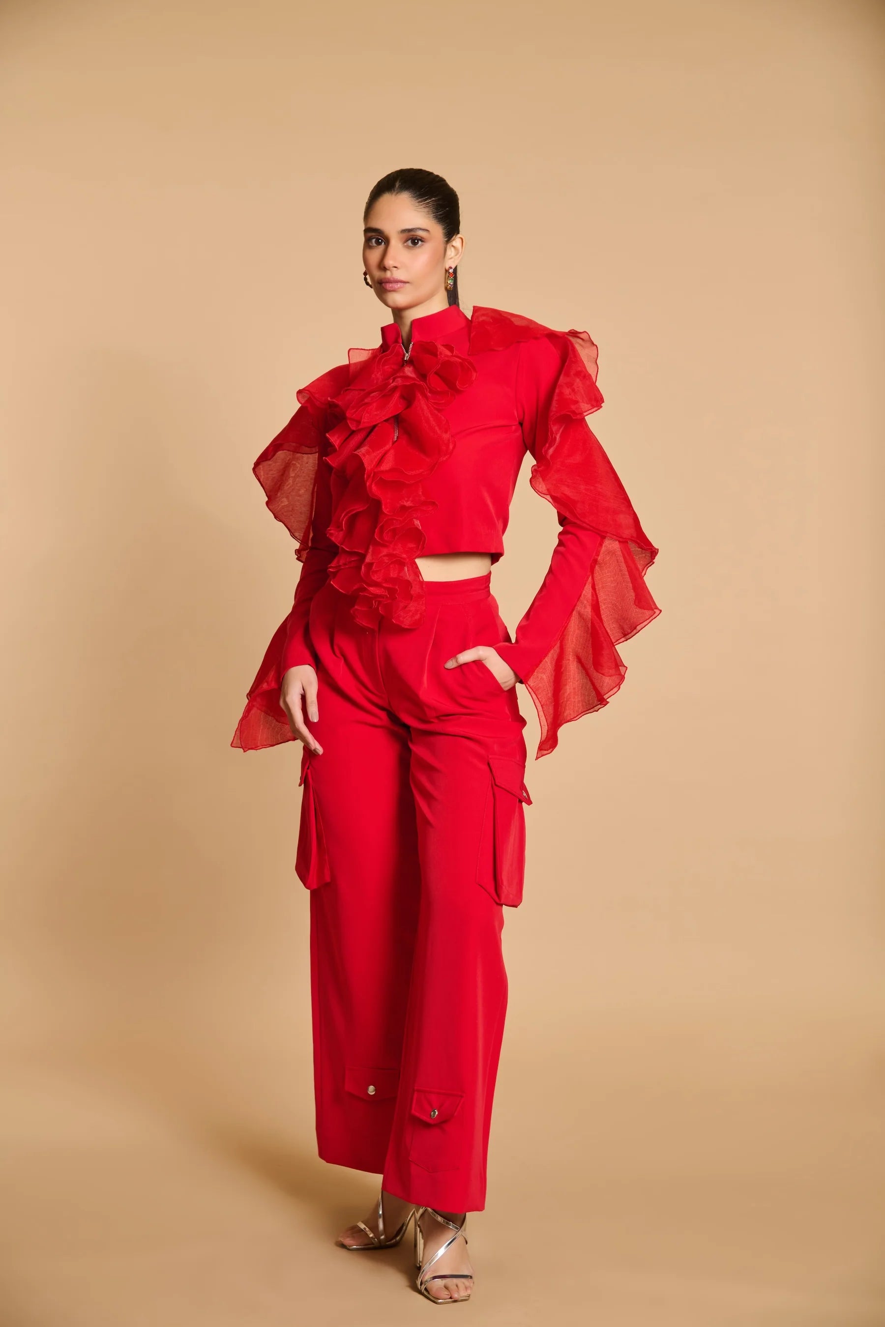 Spectrum crop ruffle jacket red