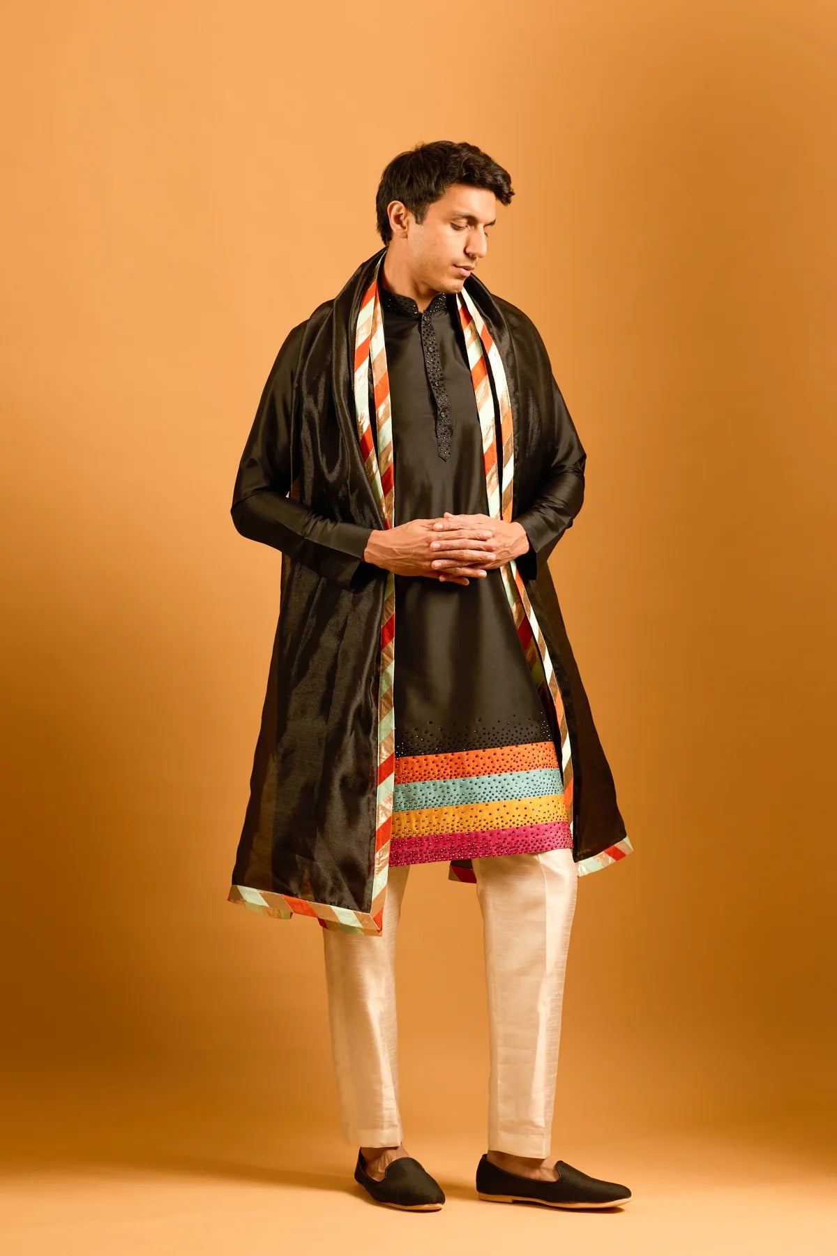 Trifecta black strip crystal kurta