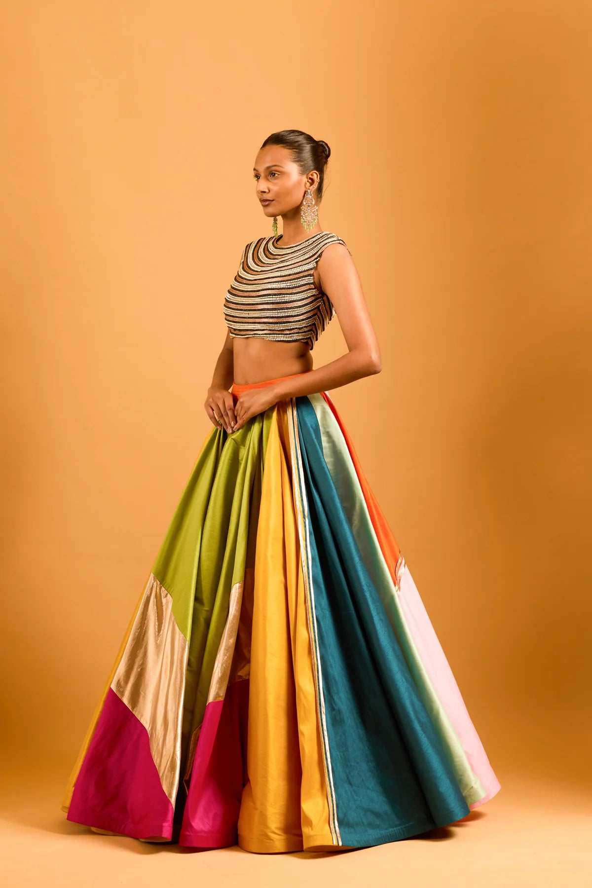 Trifecta multicolor asymmetric skirt with strip work top