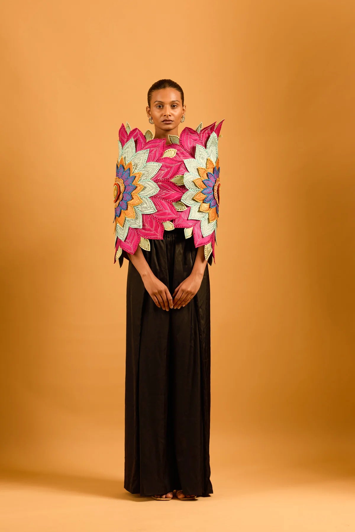 Trifecta black pleated pants with flower cape