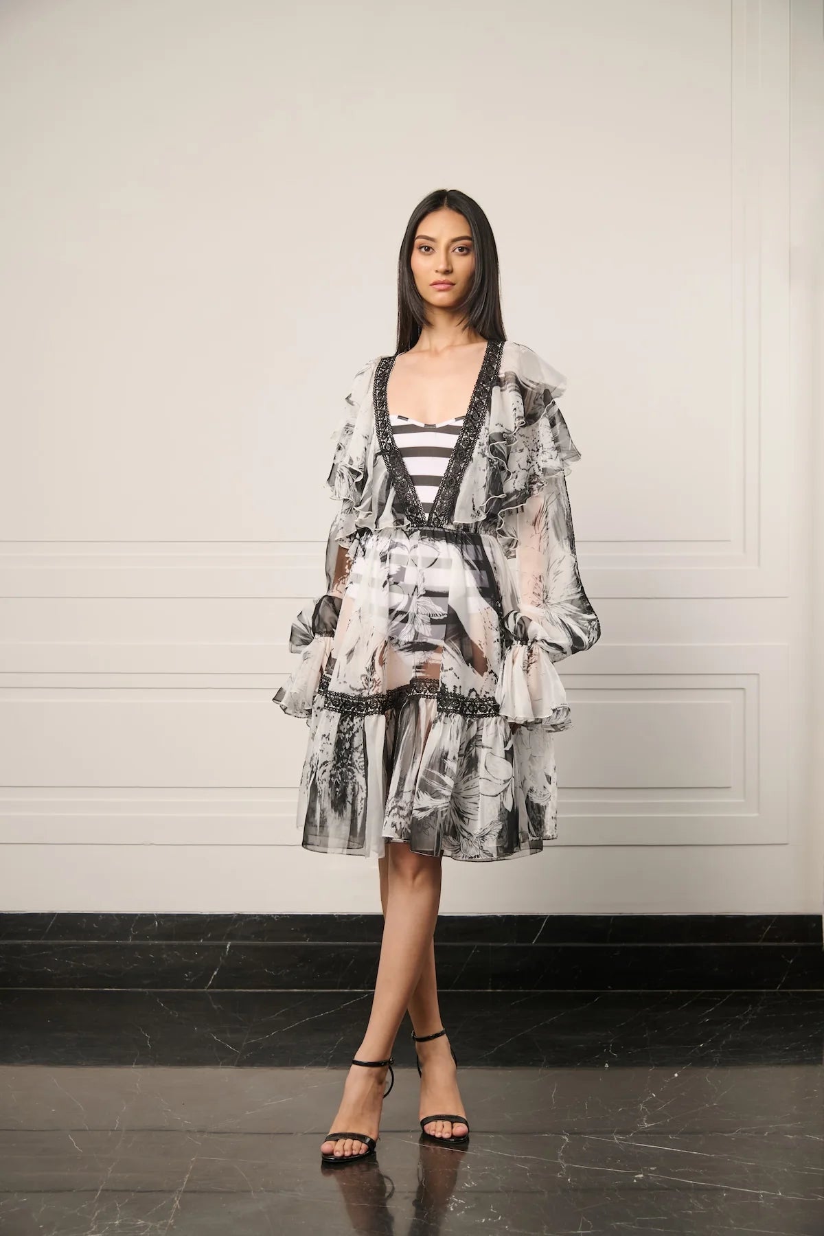 Resort camo sheer peasant dress