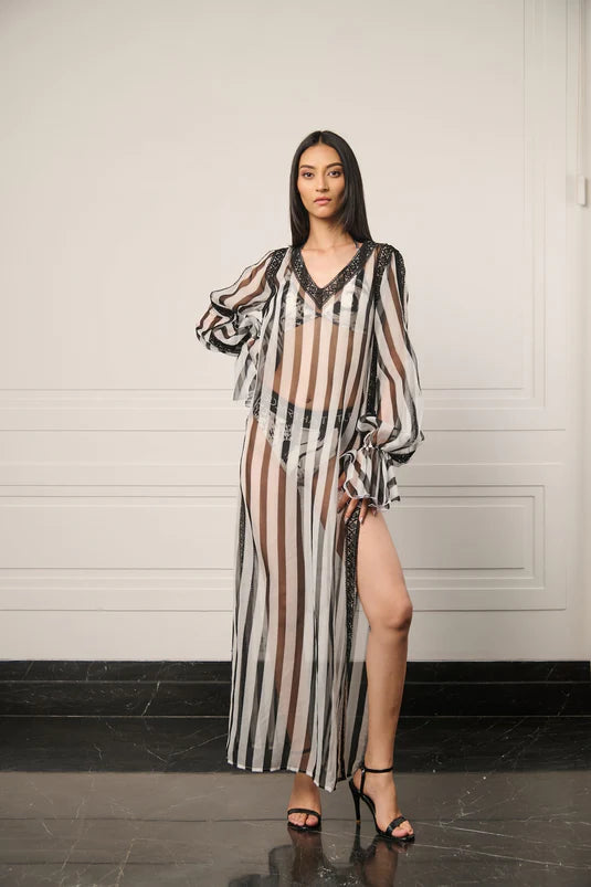 Resort striped sheer kaftan dress