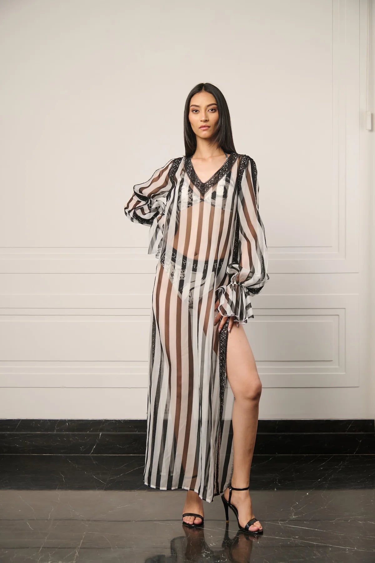 Resort striped sheer kaftan dress