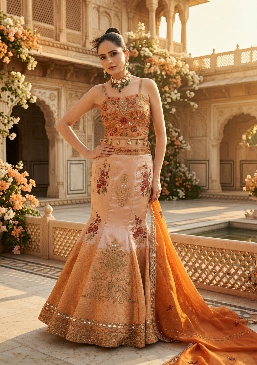 Shaded Brocade Fishcut Lehenga Blouse and Dupatta