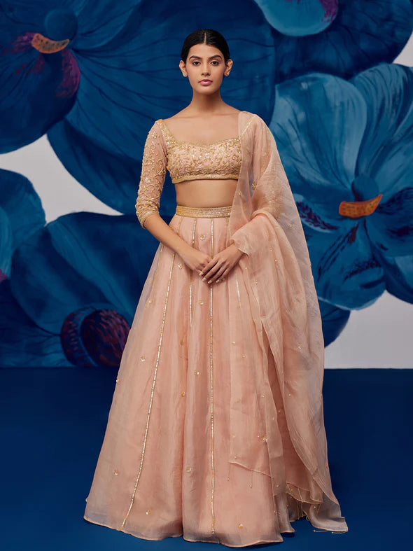 Starflower Rose Gold Silk Organza Lehenga Set