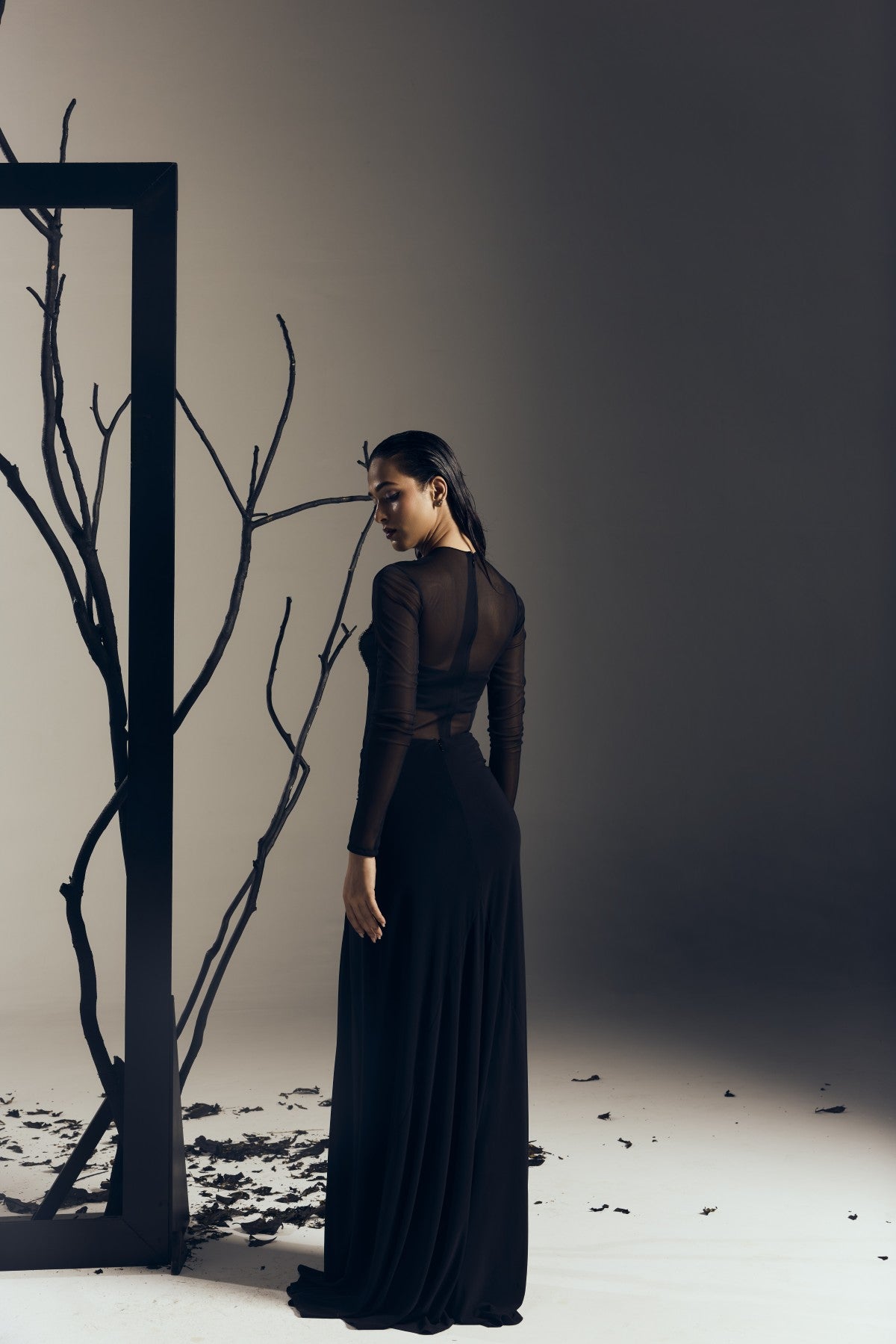 BODYSUIT WITH A LONG DRAPE SKIRT