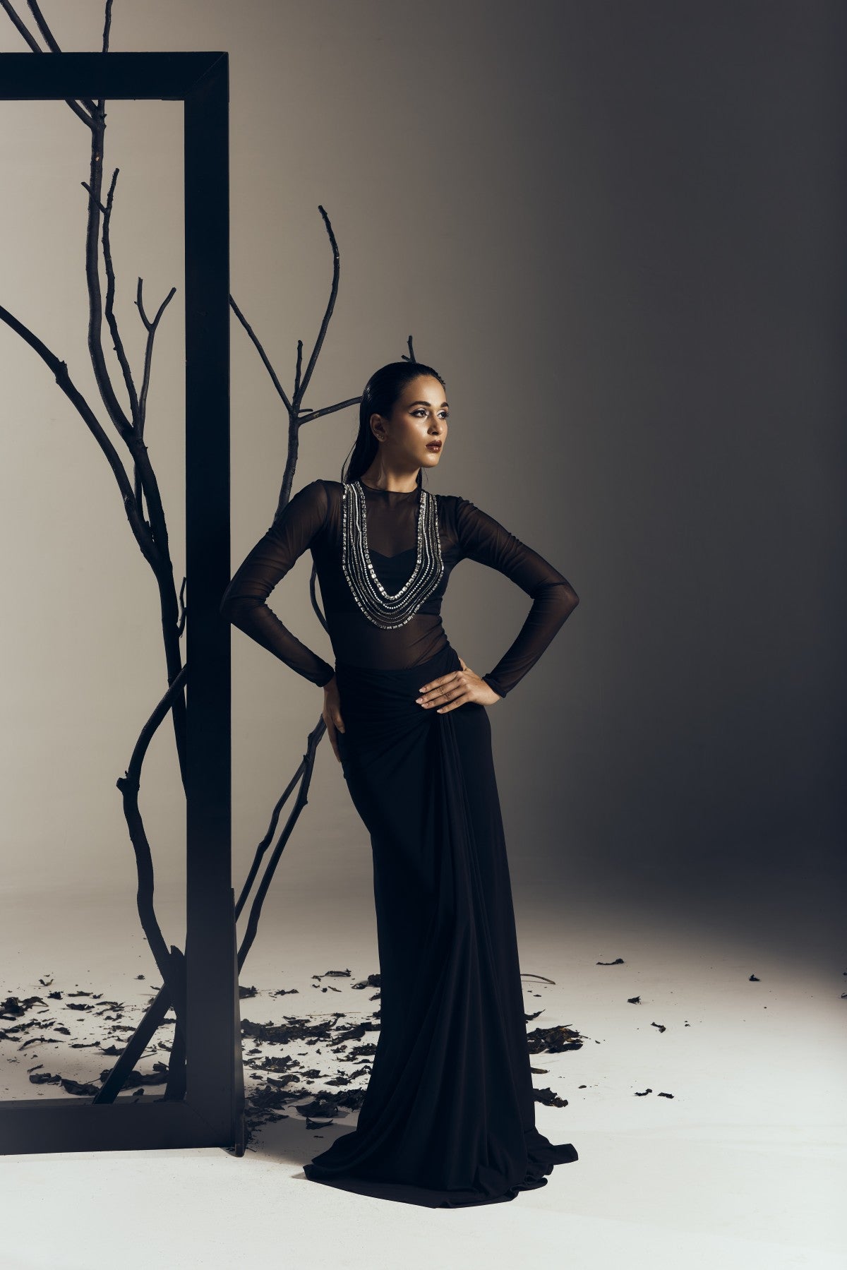 BODYSUIT WITH A LONG DRAPE SKIRT