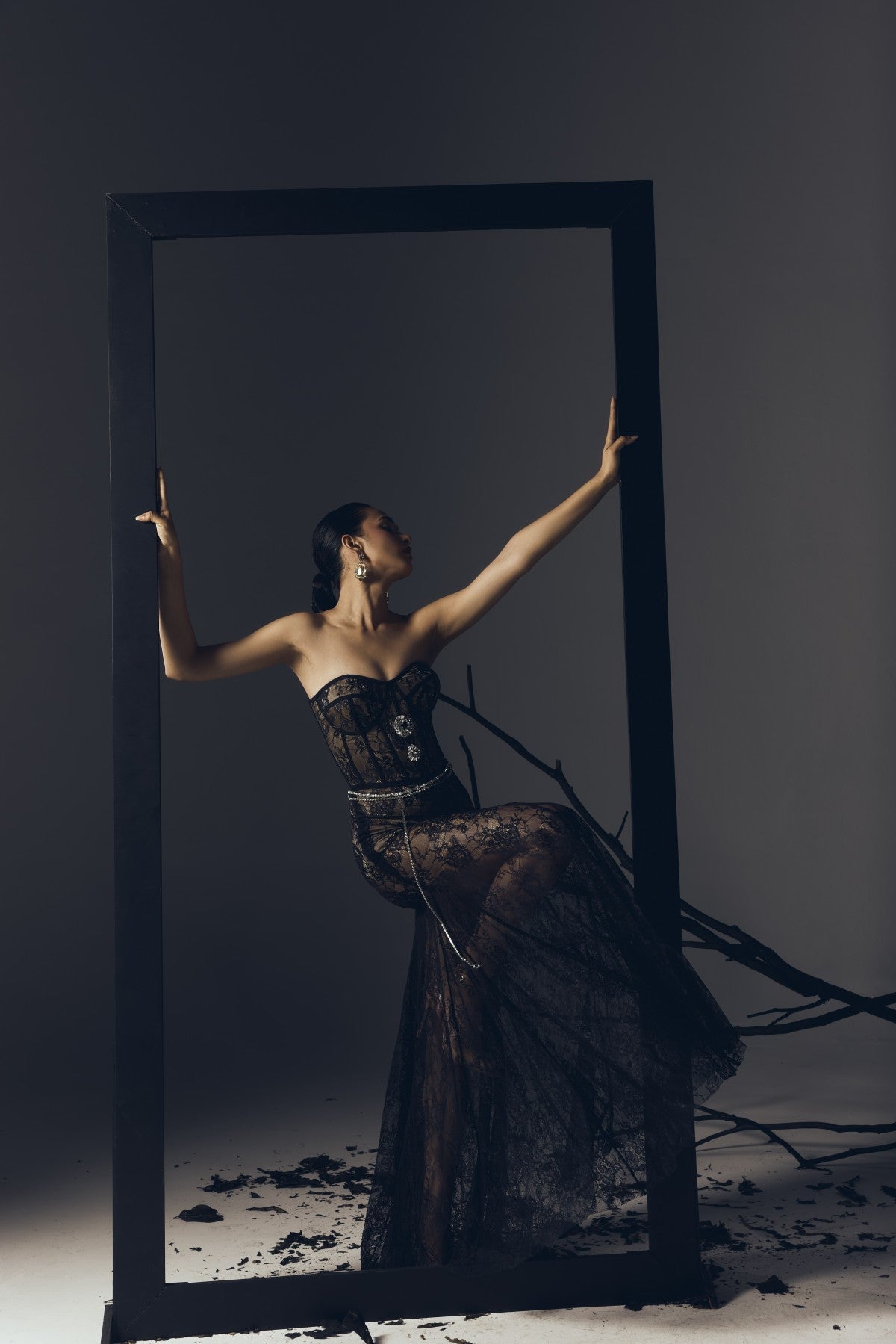 BLACK LACE BUSTIER GOWN