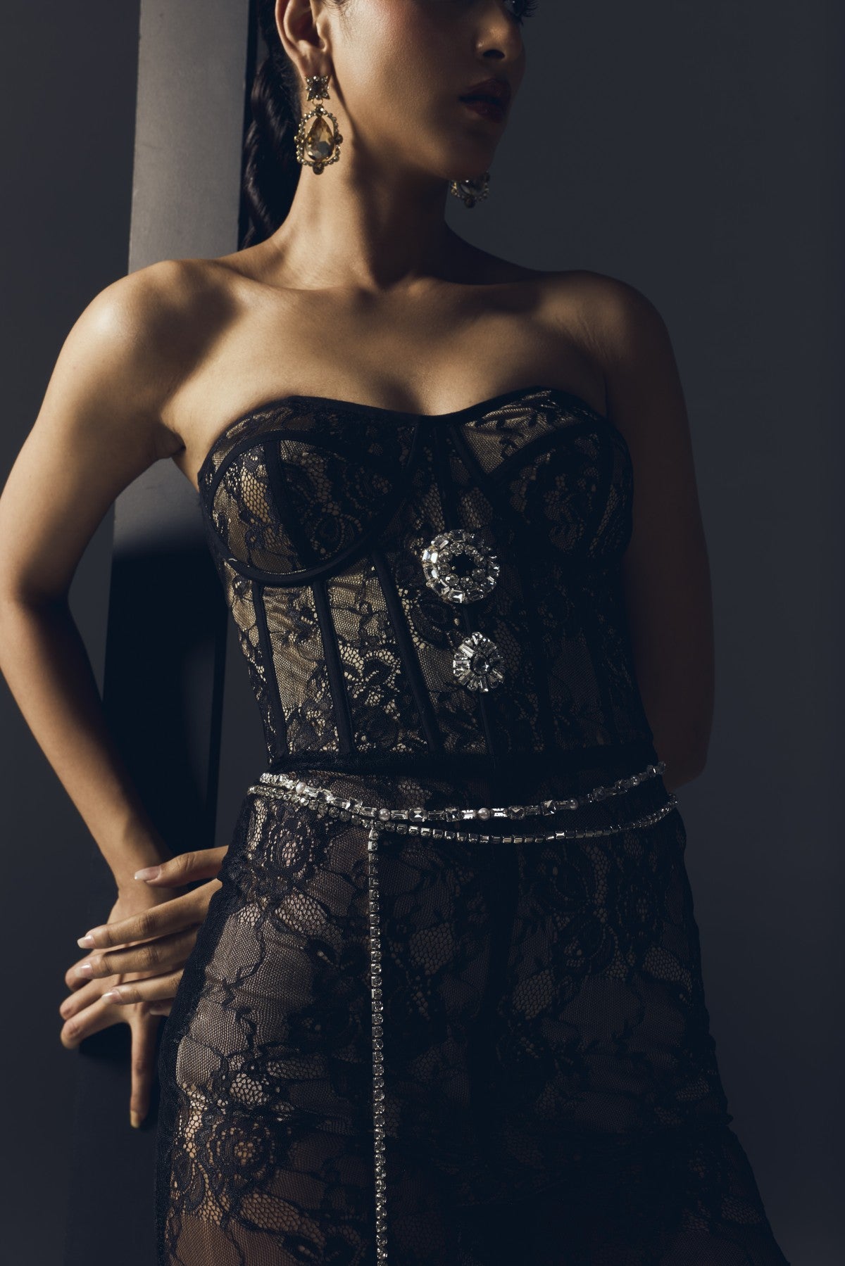 BLACK LACE BUSTIER GOWN
