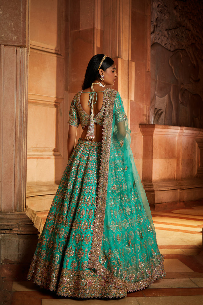 Teal Green Organza Lehenga Choli Dupatta Set
