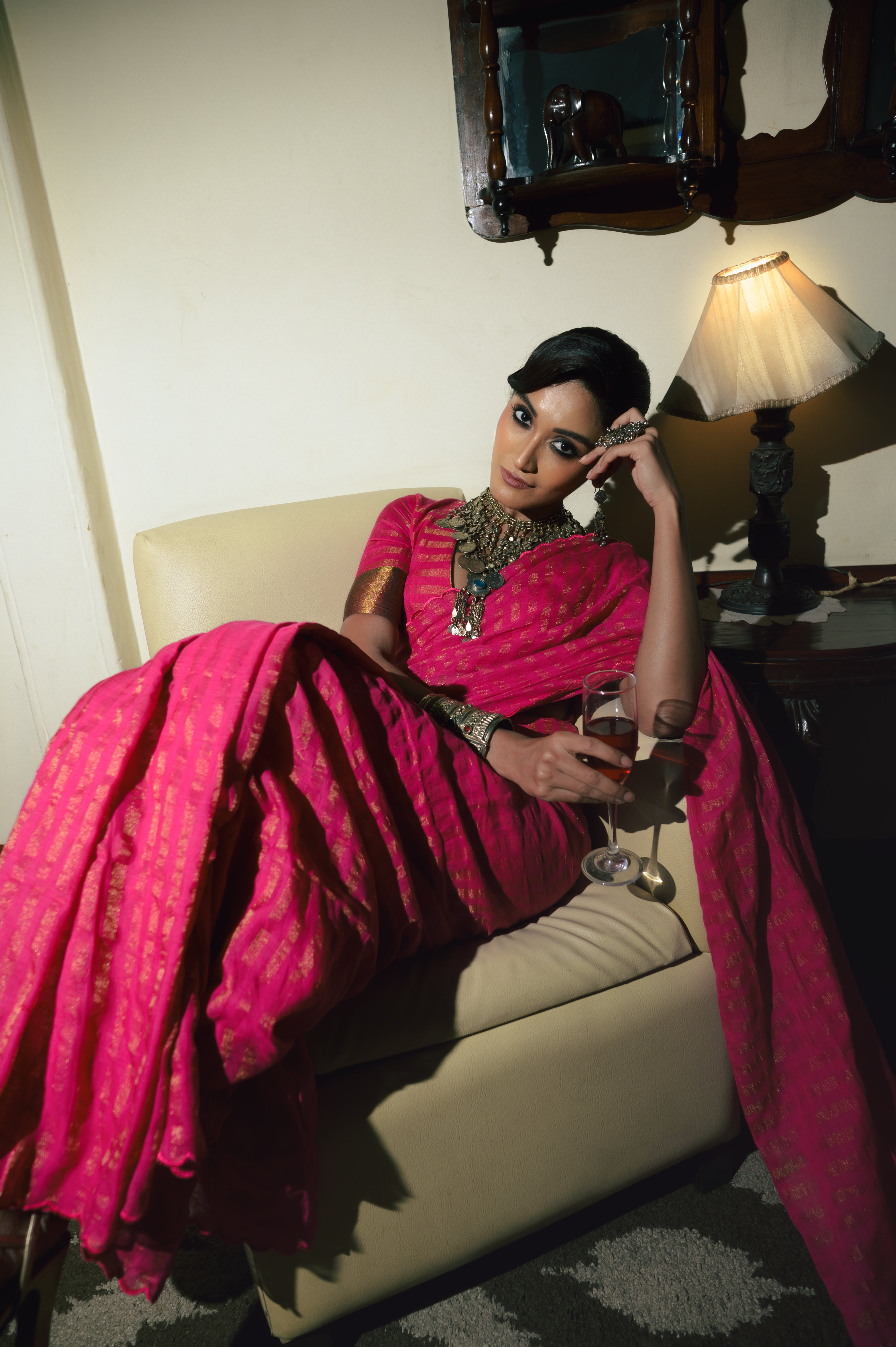 Twin RealmTwin Realm I Pink Handloom Cotton Saree With Zari Stripes And Scaloped Border