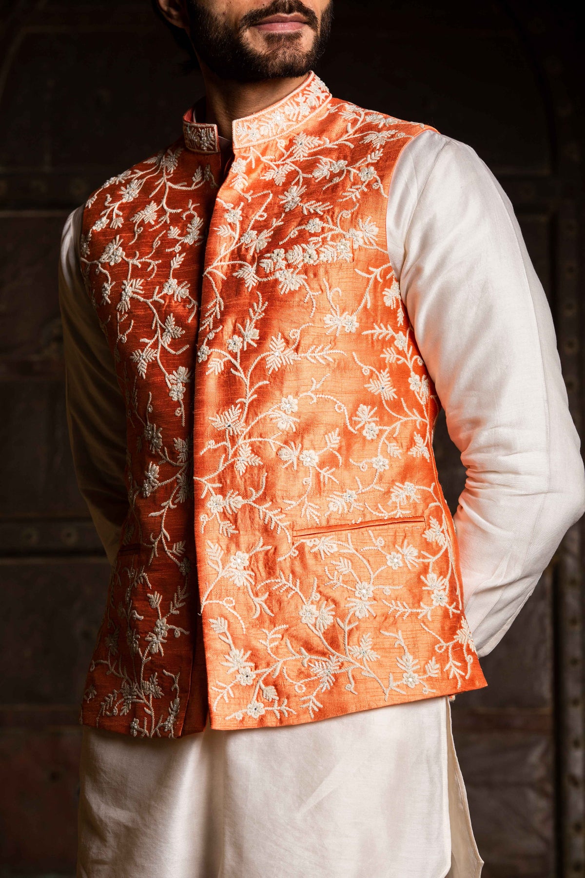 Orange Raw Silk Embroidered Nehru Jacket with Kurta & Pant
