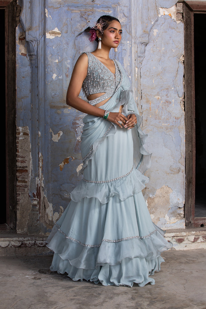 Powder Blue Organza Drape Saree
