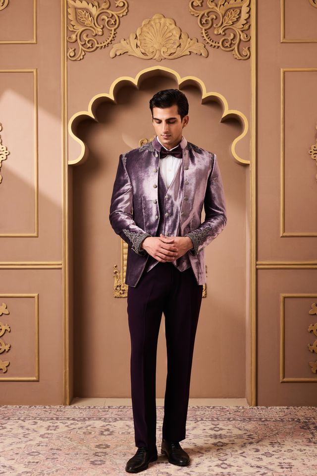 Lilac Embroided Coat and Vest With Pant