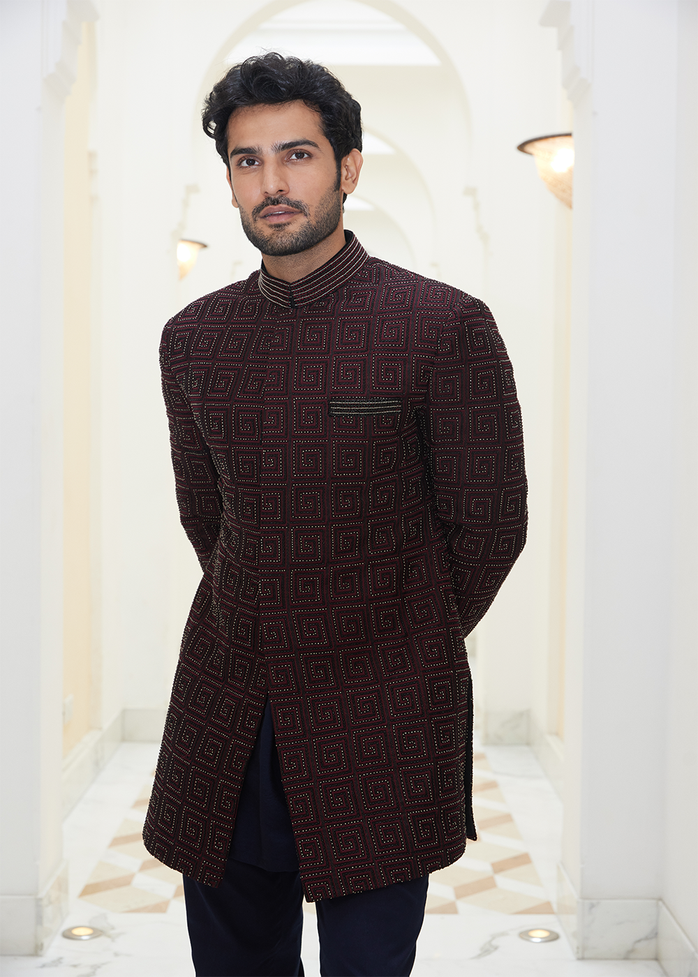 Burgundy Raw Silk EmbroideredShort Sherwani with Kurta and Salwar