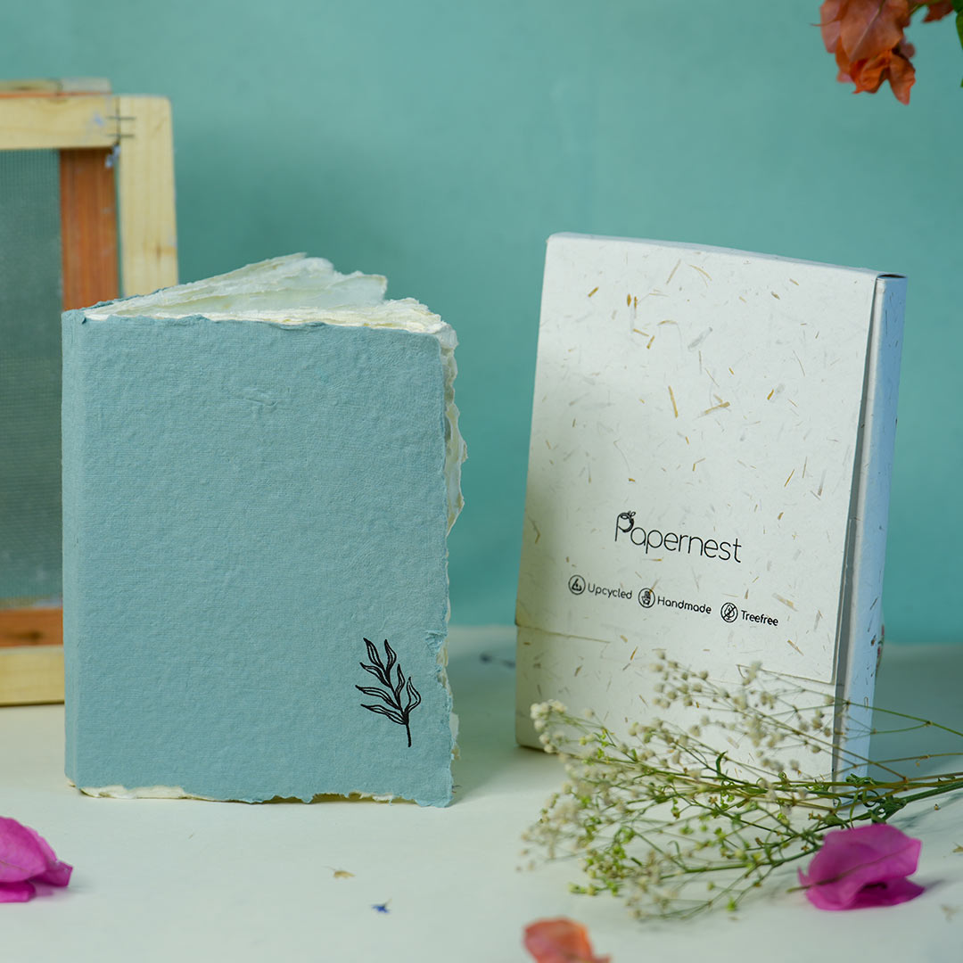Handmade Tropical flower Deckle Edge Paper Notebook ( Aqua )
