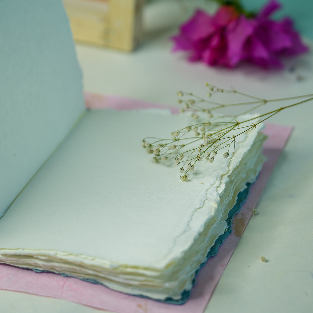 Handmade Tropical flower Deckle Edge Paper Notebook ( Aqua )