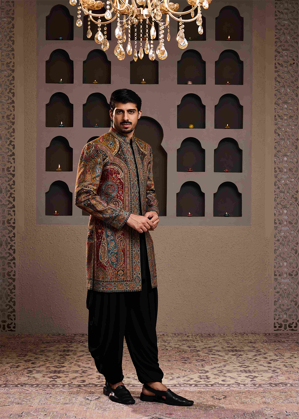 Jamawar Achkan Black Kurta Dhoti Salwar