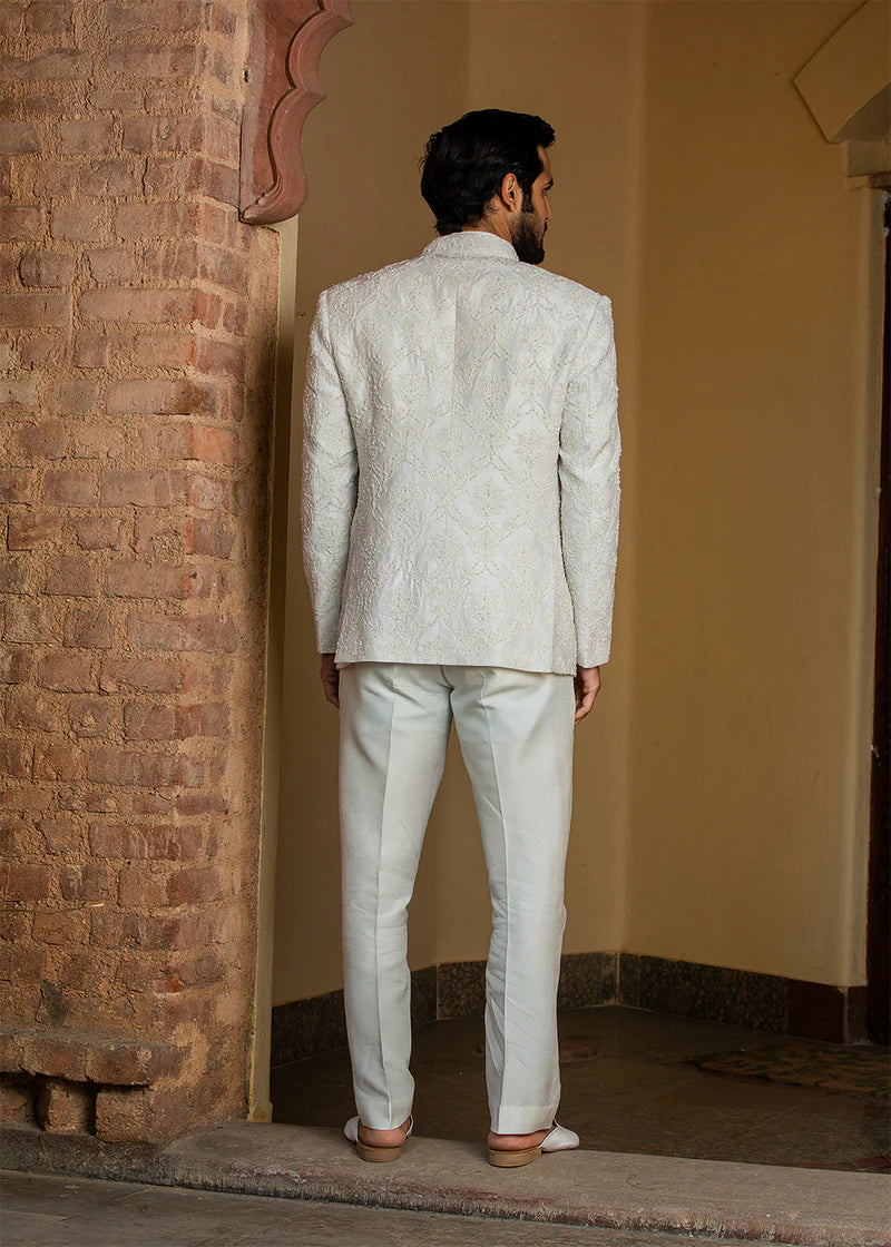Ivory Raw Silk Short Embroidered Jacket with vest and Pant