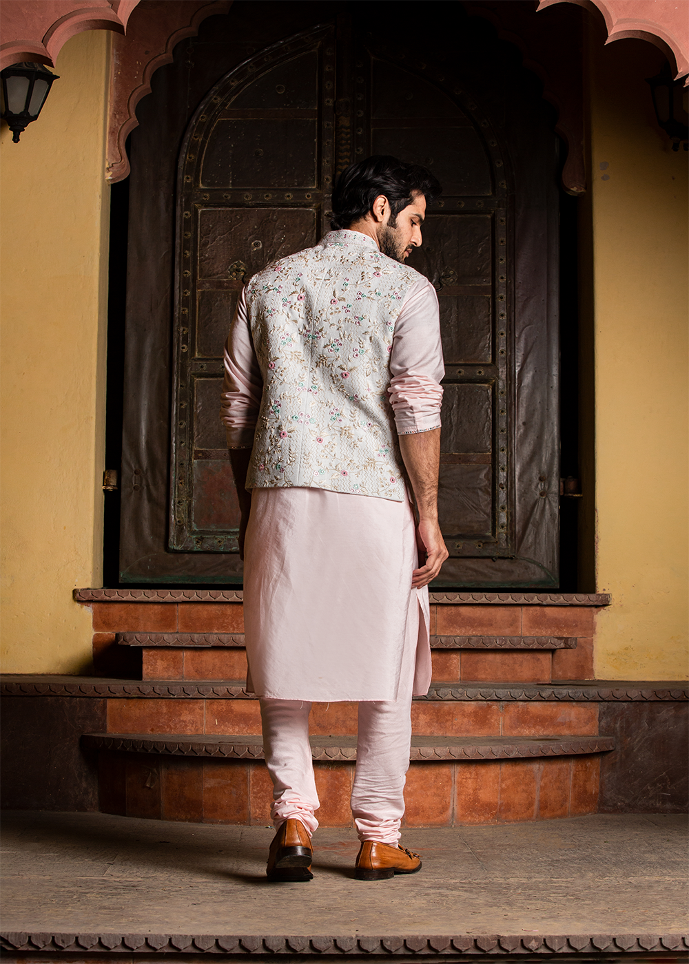 Cream Matka Embroidered Jacket with Blush Pink Kurta & Churidar