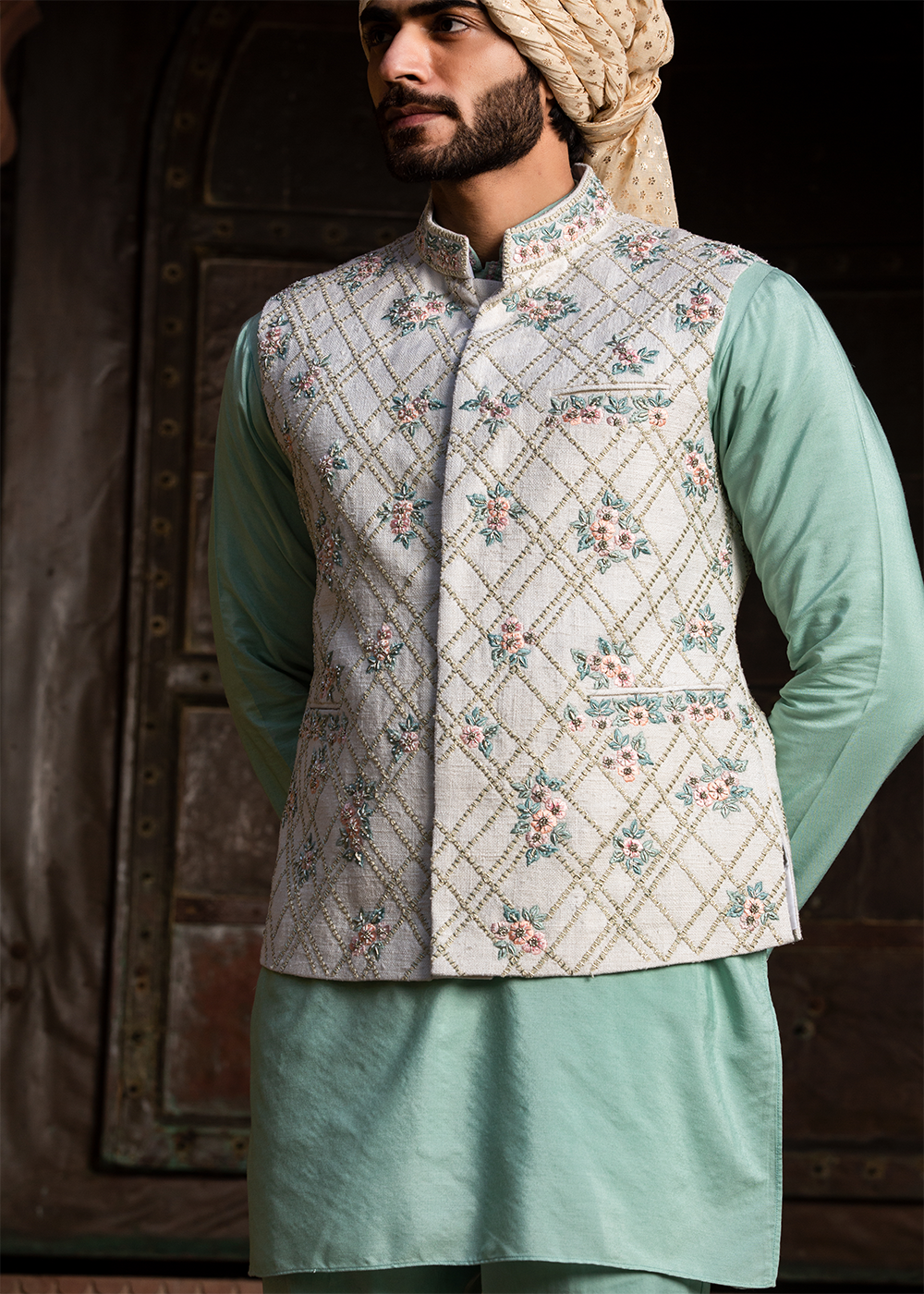 Cream Matka Embroidered Jacket with Mint Green Kurta & Pants