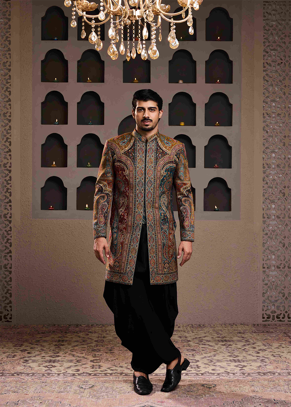 Jamawar Achkan Black Kurta Dhoti Salwar
