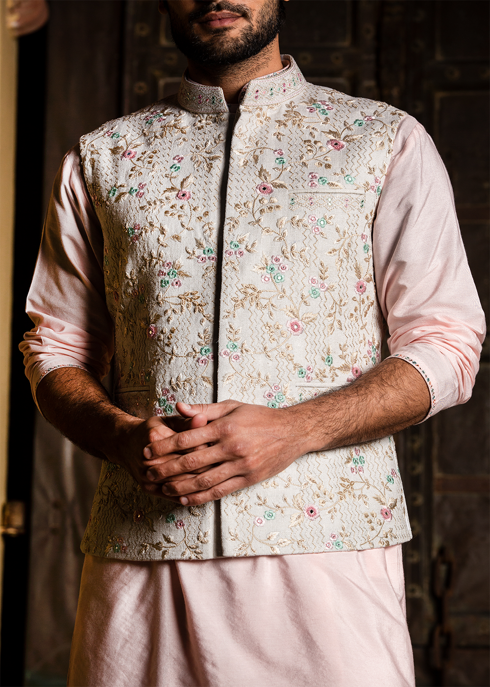 Cream Matka Embroidered Jacket with Blush Pink Kurta & Churidar
