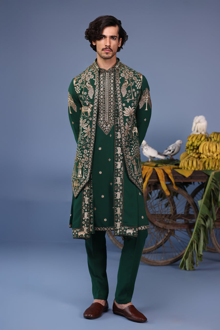 Azan Pichwai Zari Bottle Green Kurta Set