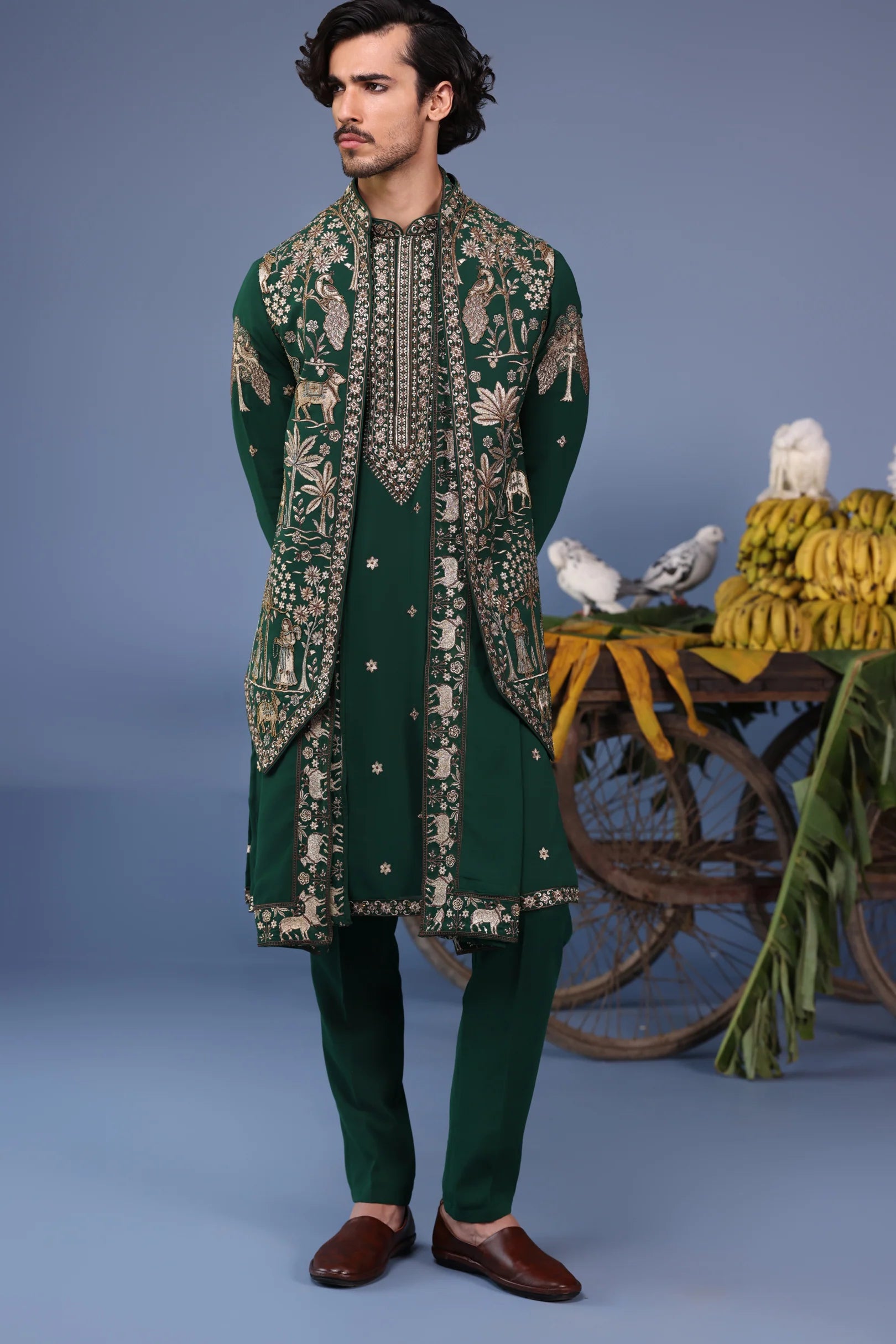 Azan Pichwai Zari Bottle Green Kurta Set