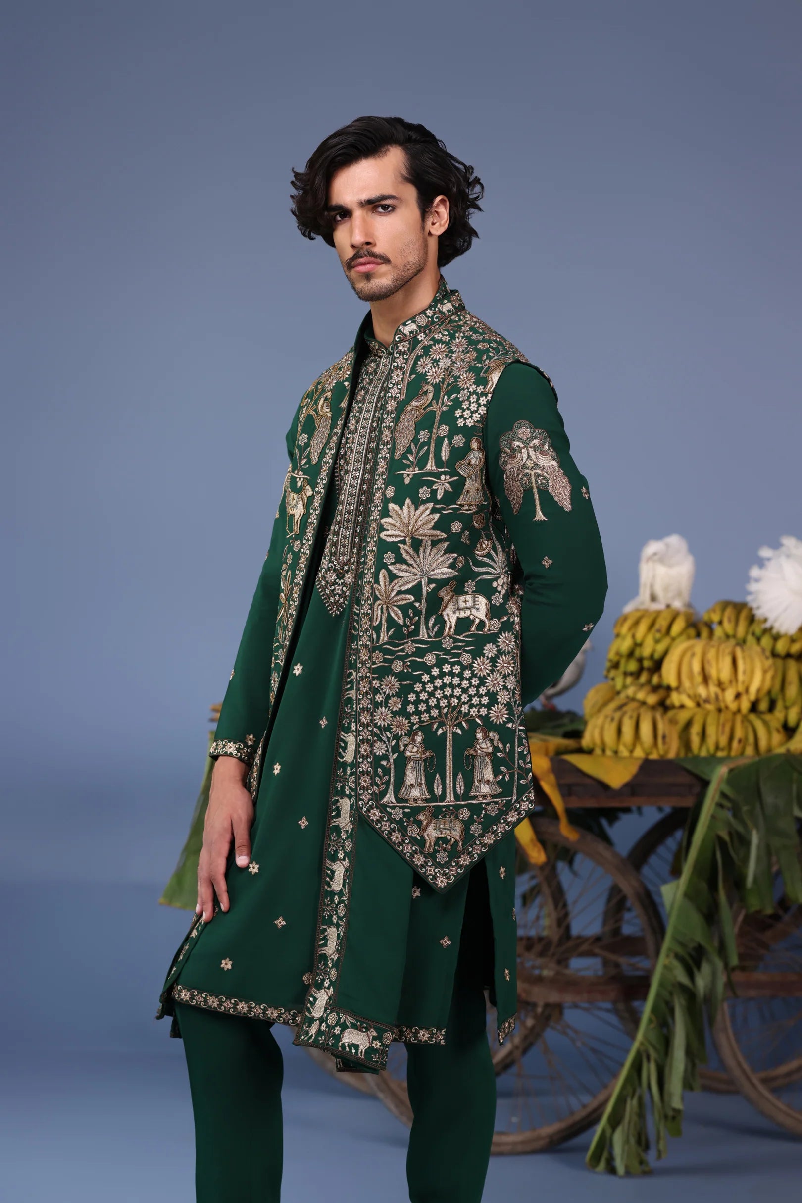 Azan Pichwai Zari Bottle Green Kurta Set