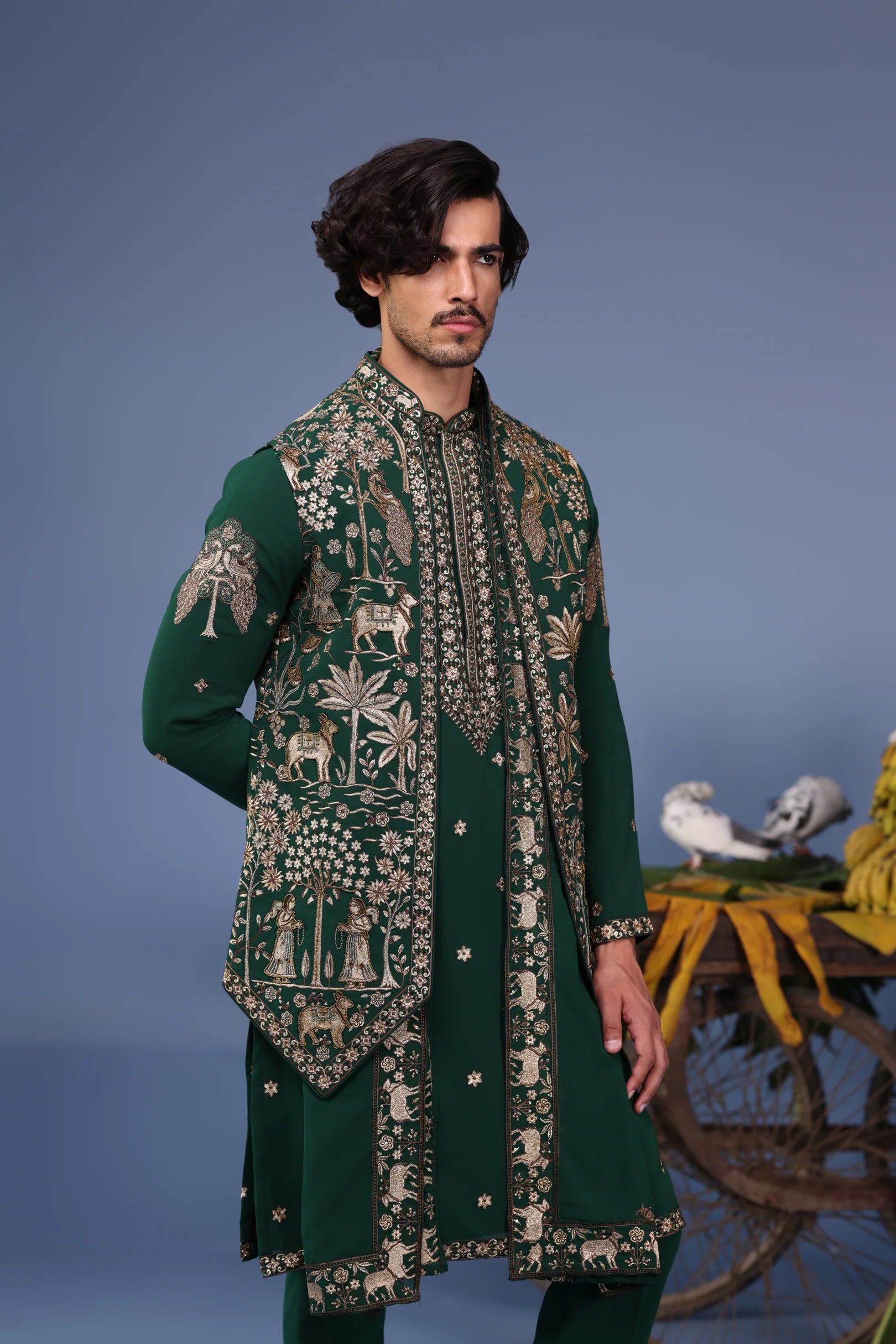 Azan Pichwai Zari Bottle Green Kurta Set