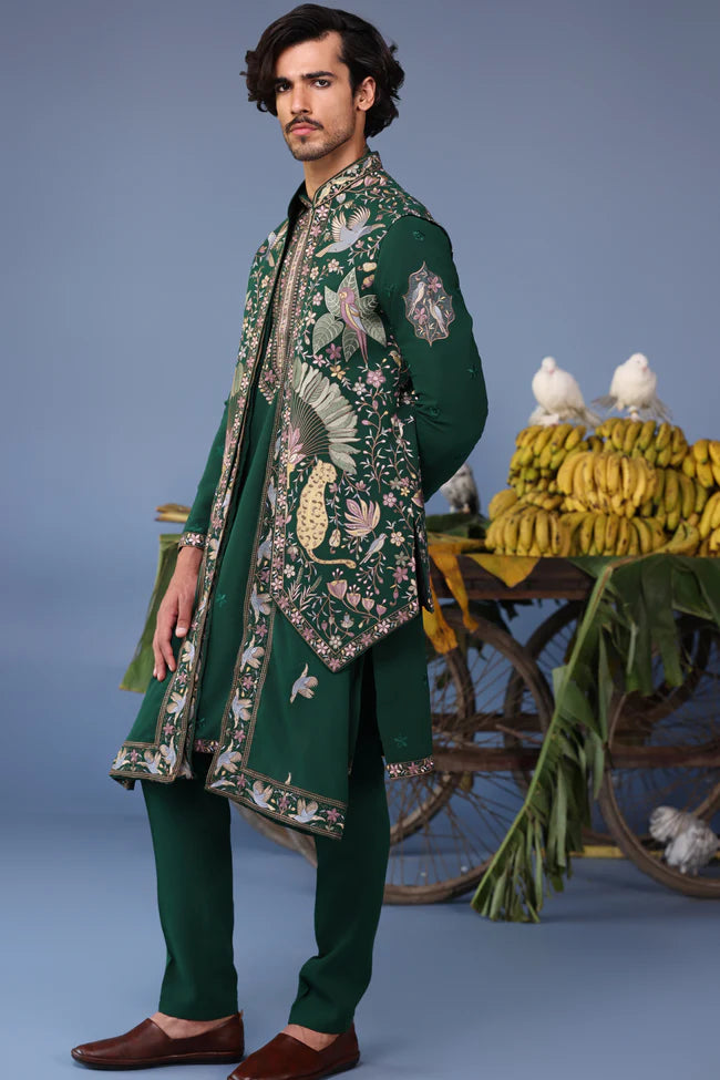Azlaan Wild Grace Bottle Green Kurta Jacket Set