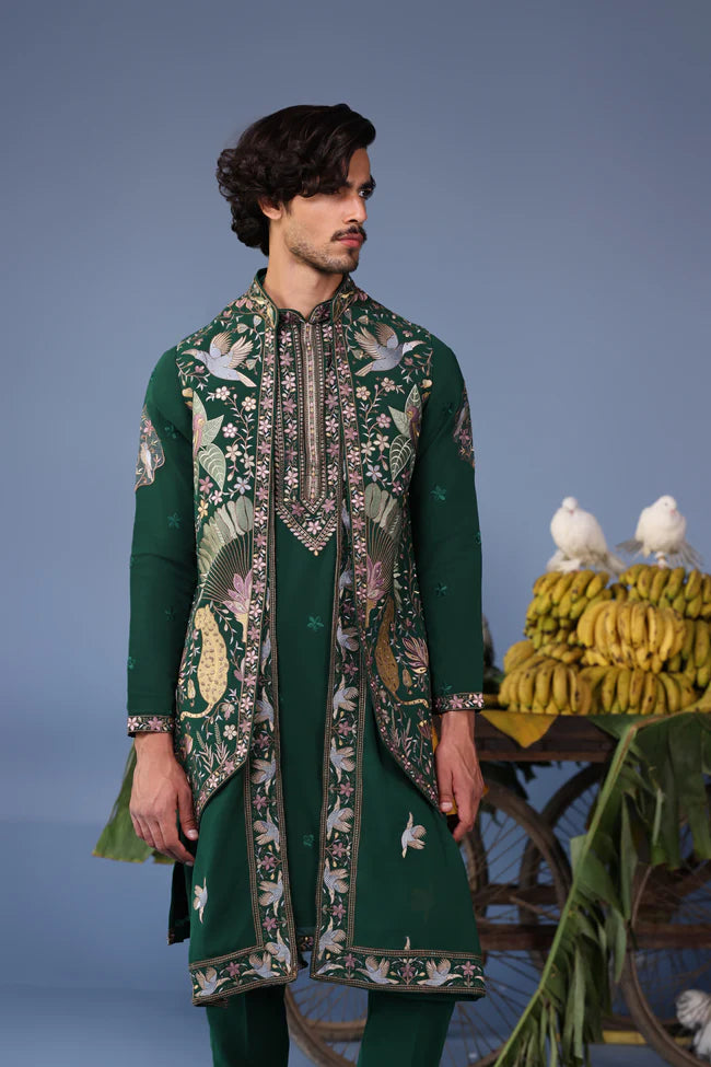 Azlaan Wild Grace Bottle Green Kurta Jacket Set