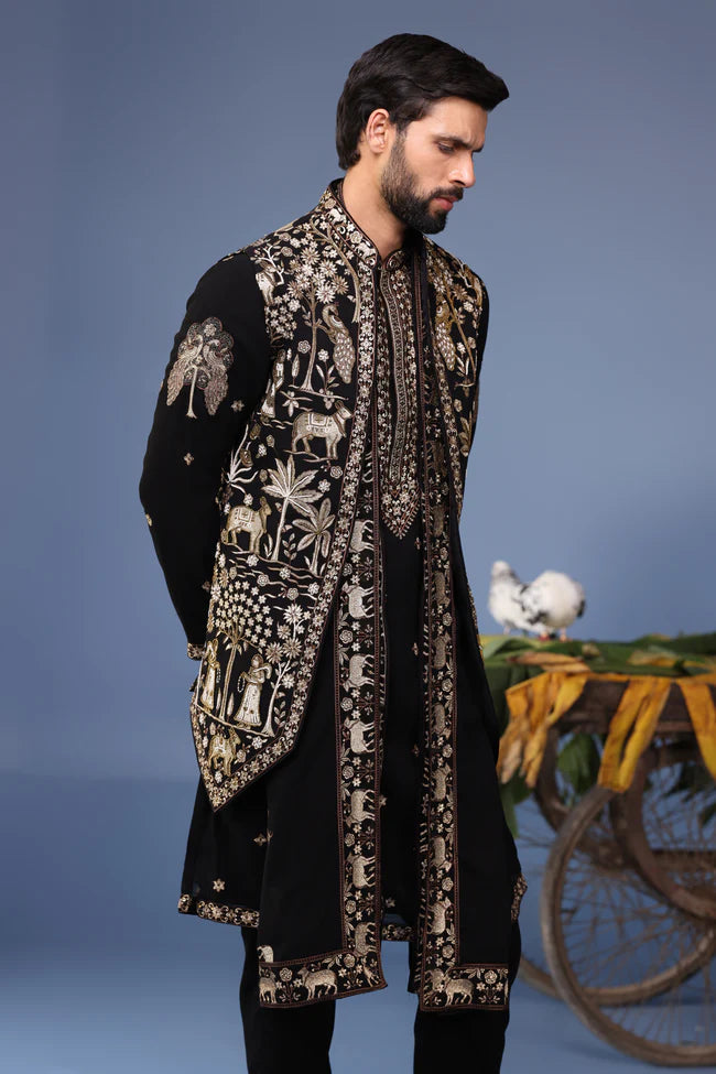 zubir Pichwai Zari Black Kurta Jacket Set