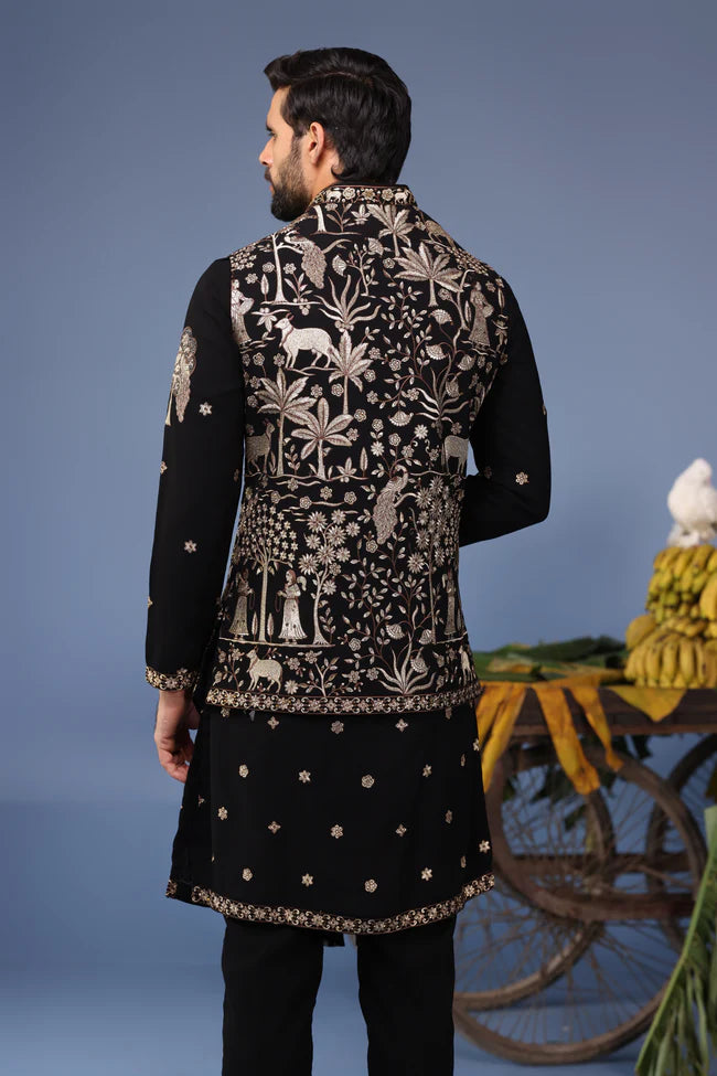 zubir Pichwai Zari Black Kurta Jacket Set