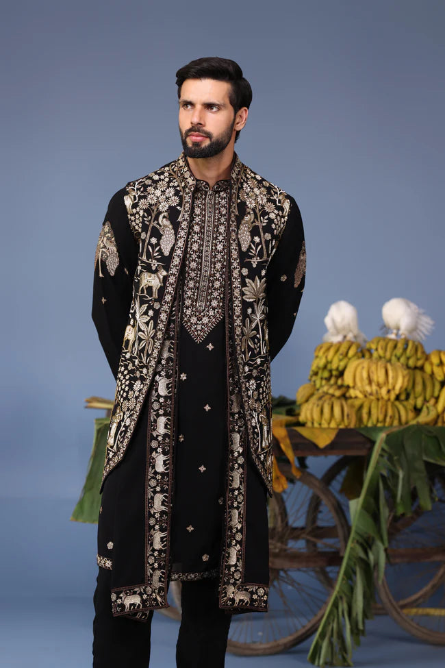 zubir Pichwai Zari Black Kurta Jacket Set