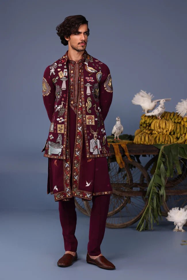 Kainaat Wine Kurta Jacket Set